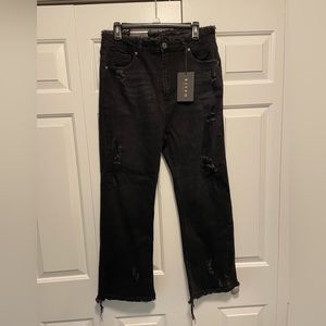 Cropped Straight Leg Distressed Black Jeans